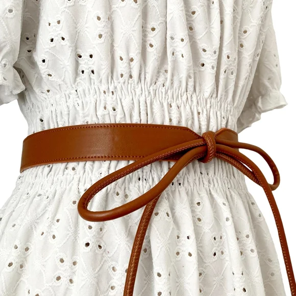 Minimalist Skinny brown boho faux leather waist Obi self tie wrap belt festival - Picture 4 of 9
